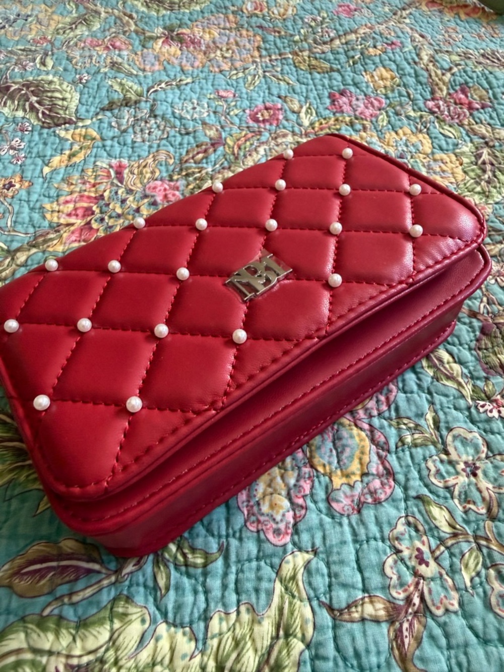 Badgley Mischka Quilted Red Pearl-Studded Women's Clutch (strap compatible) NWOT